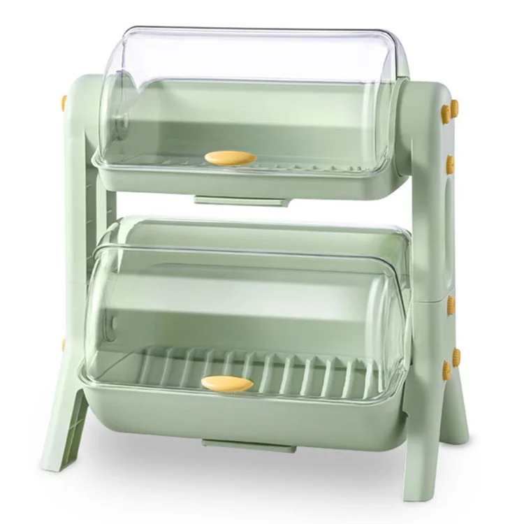 F922-2 Double-Layer Cupboard PP+PET Tableware Drainer Storage Box Dish Chopsticks Drying Rack with Lid - Mint Green