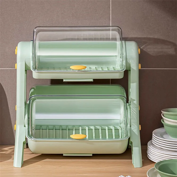 F922-2 Double-Layer Cupboard PP+PET Tableware Drainer Storage Box Dish Chopsticks Drying Rack with Lid - Mint Green