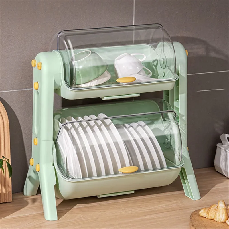 F922-2 Double-Layer Cupboard PP+PET Tableware Drainer Storage Box Dish Chopsticks Drying Rack with Lid - Mint Green