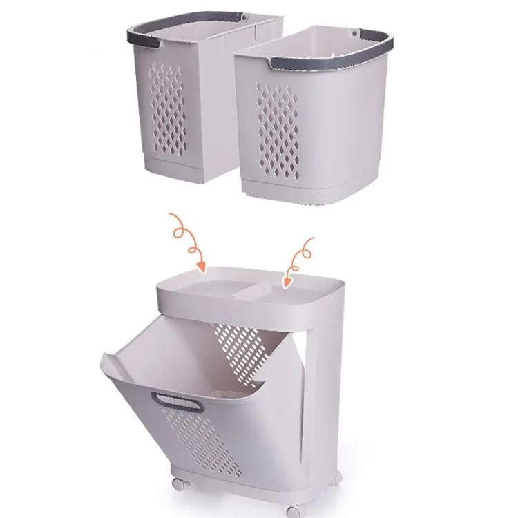 F867 PP Laundry Basket Dual Layer Standing Cloth Basket with Rolling Wheel