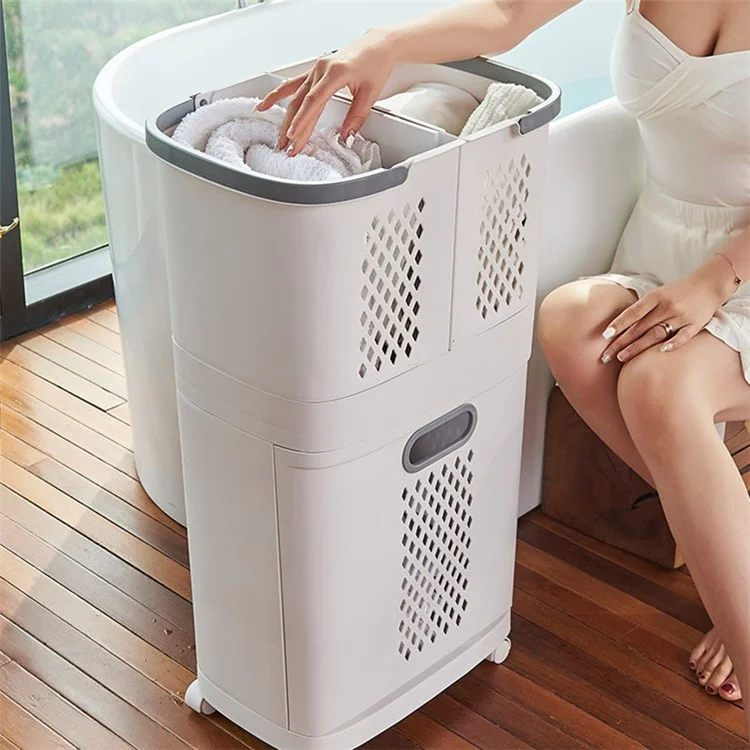 F867 PP Laundry Basket Dual Layer Standing Cloth Basket with Rolling Wheel