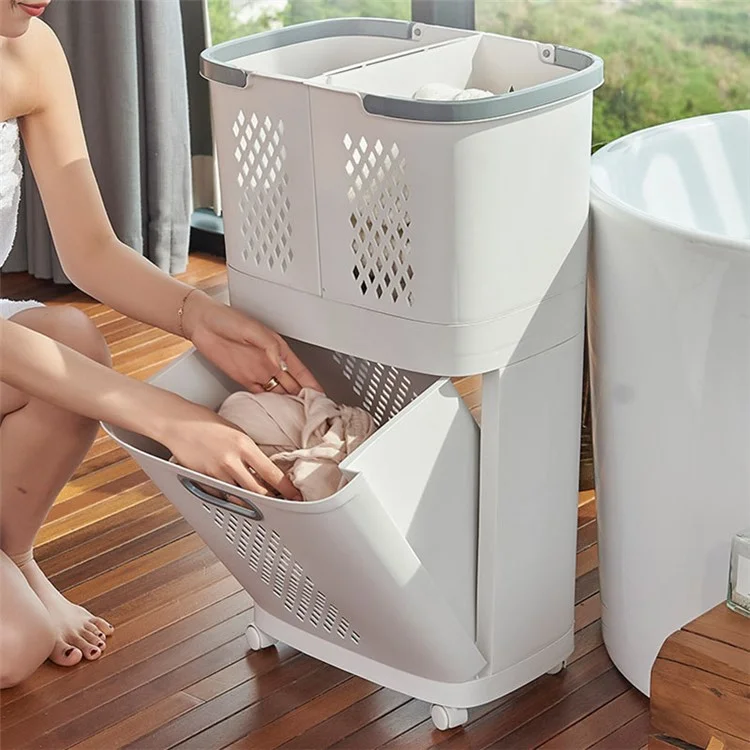 F867 PP Laundry Basket Dual Layer Standing Cloth Basket with Rolling Wheel