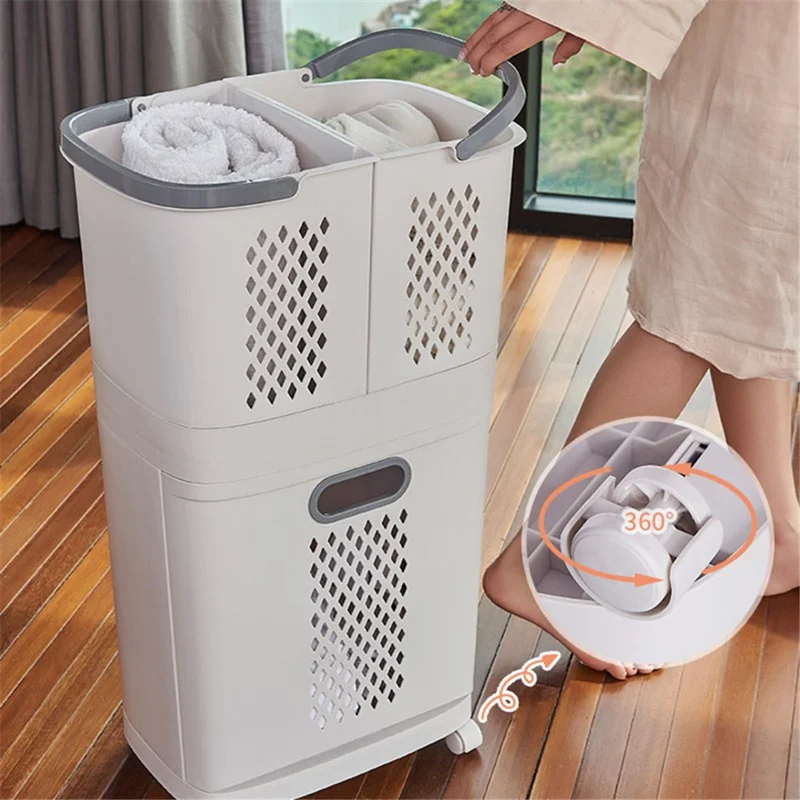 F867 PP Laundry Basket Dual Layer Standing Cloth Basket with Rolling Wheel