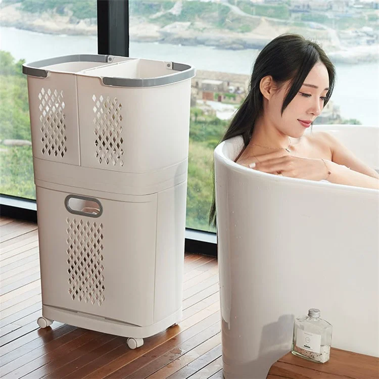 F867 PP Laundry Basket Dual Layer Standing Cloth Basket with Rolling Wheel