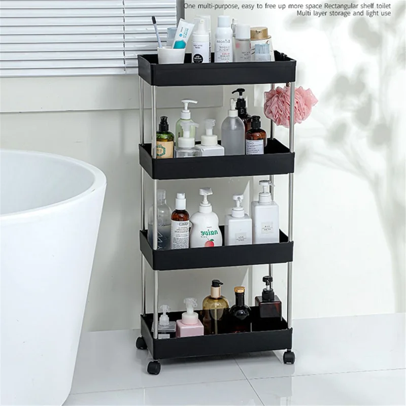 4 Tier Wide Type Trolley Cart Rolling Utility Cart Mobile Storage Shelving Organizer for Bathroom - Black