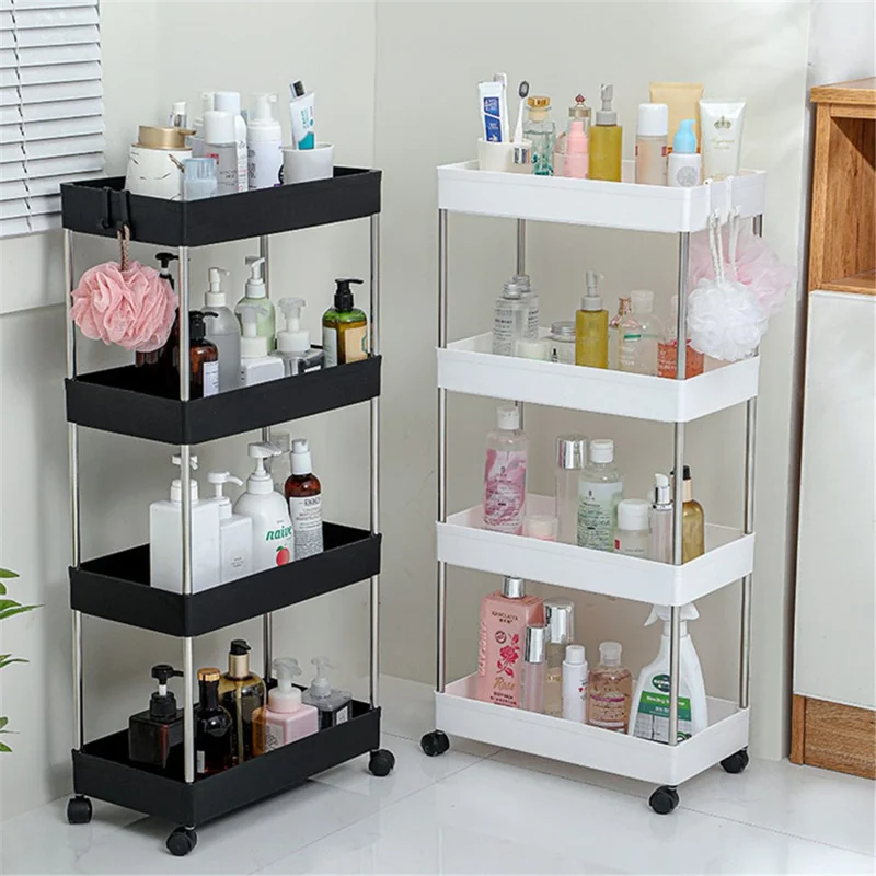 4 Tier Wide Type Trolley Cart Rolling Utility Cart Mobile Storage Shelving Organizer for Bathroom - Black