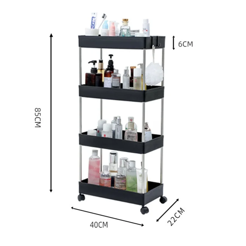 4 Tier Wide Type Trolley Cart Rolling Utility Cart Mobile Storage Shelving Organizer for Bathroom - Black