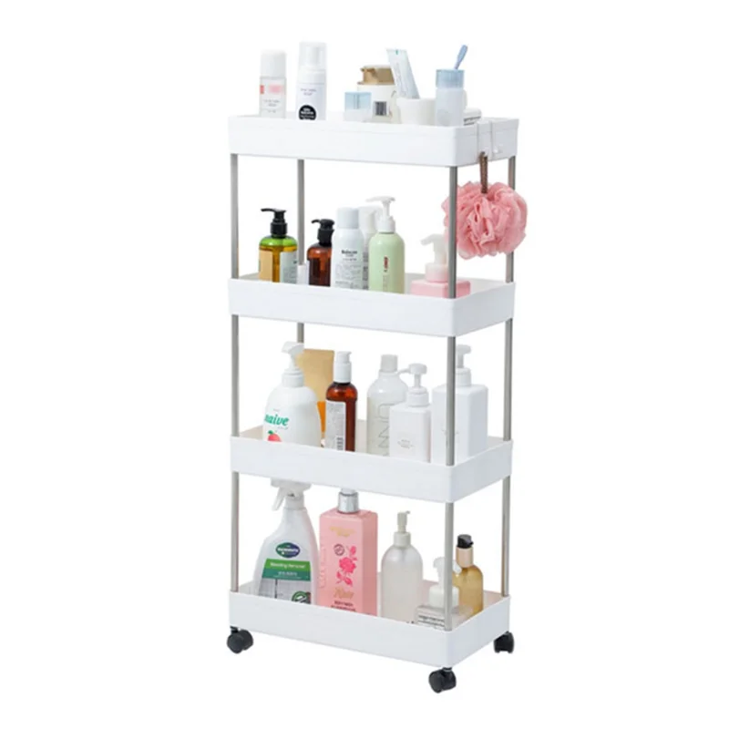 4 Tier Wide Type Trolley Cart Rolling Utility Cart Mobile Storage Shelving Organizer for Bathroom - White