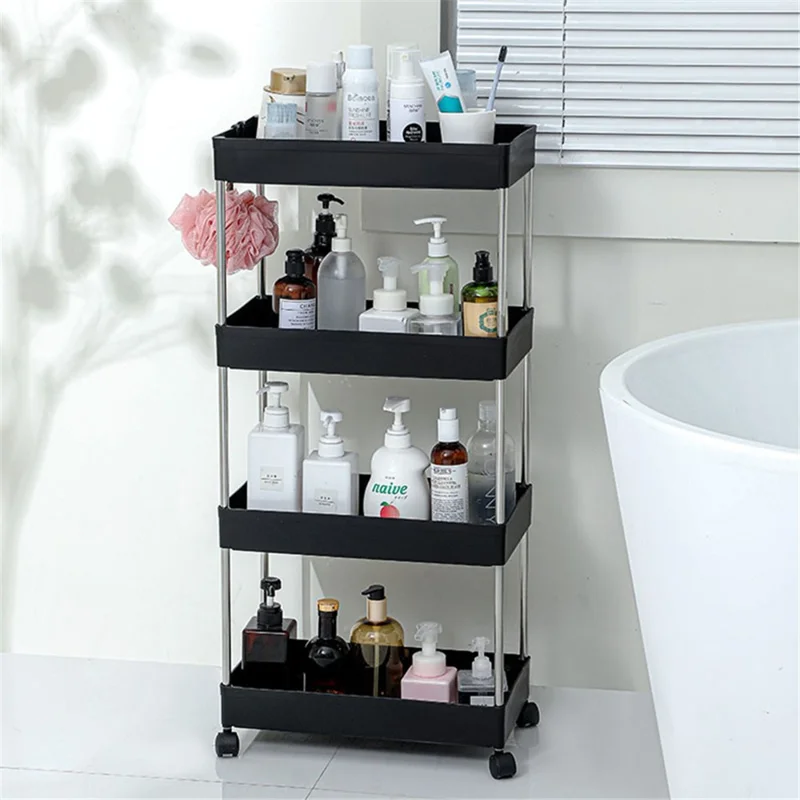 4 Tier Wide Type Trolley Cart Rolling Utility Cart Mobile Storage Shelving Organizer for Bathroom - White