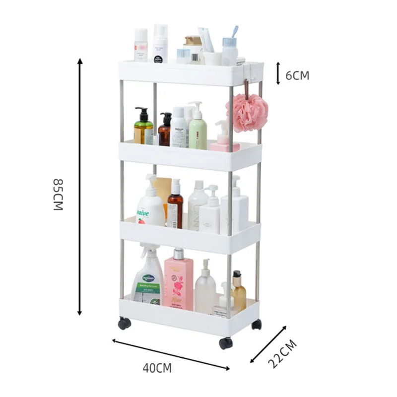 4 Tier Wide Type Trolley Cart Rolling Utility Cart Mobile Storage Shelving Organizer for Bathroom - White