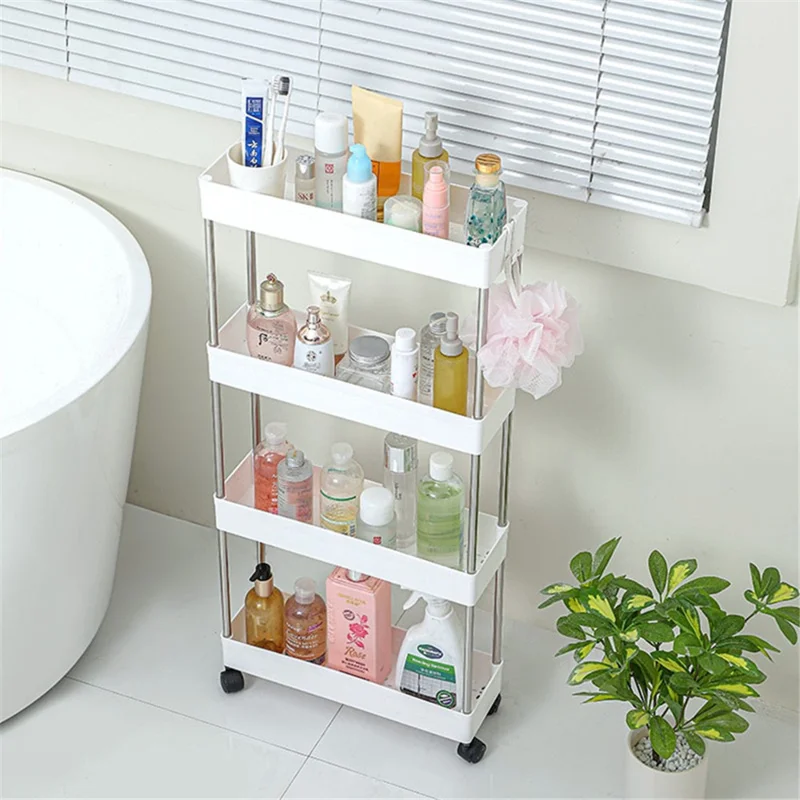 4 Tier Narrow Type PP + Stainless Steel Bathroom Storage Rack with Wheels Rolling Organizer Shelf - White
