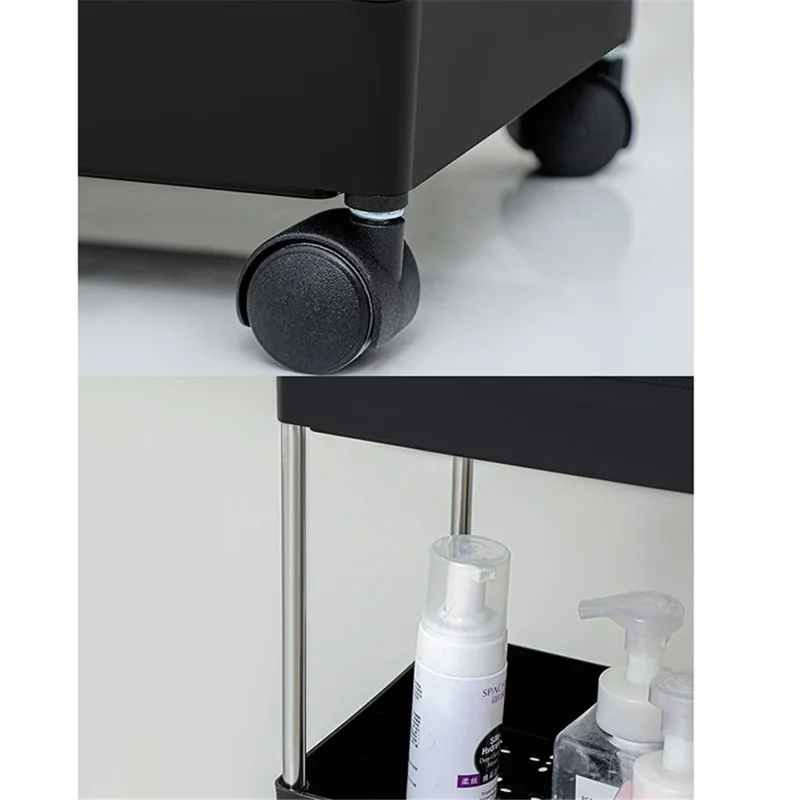 4 Tier Narrow Type PP + Stainless Steel Bathroom Storage Rack with Wheels Rolling Organizer Shelf - White