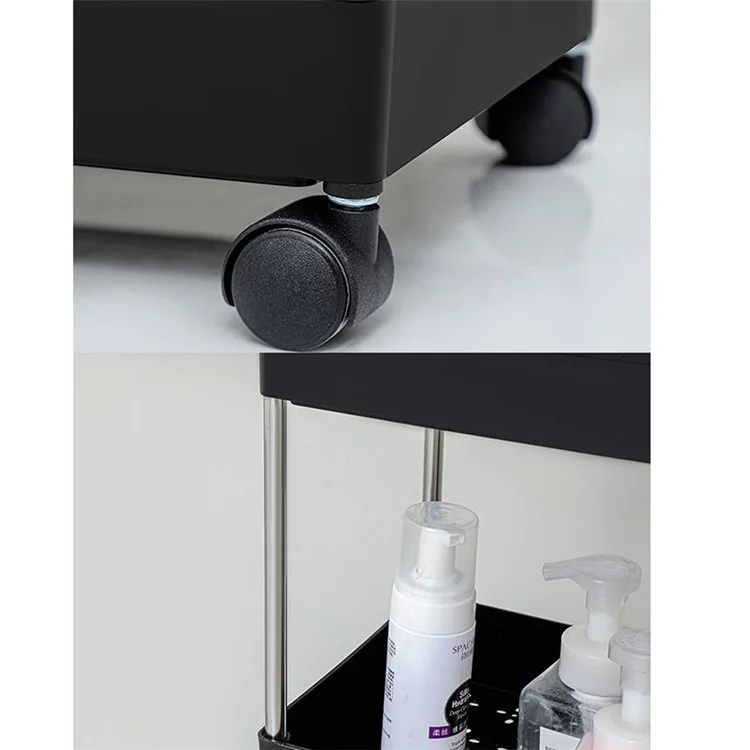 Rack de Armazenamento para Banheiro de 3 Níveis com Rodas, de Tipo Largo, em PP + Aço Inoxidável - Preto