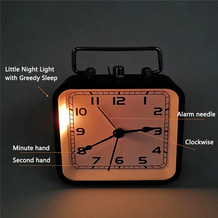 FD3501 Horloge de table carrée en métal silencieuse 3,5 pouces - Horloge de bureau portable avec fonction snooze et rétroéclairage - Noir