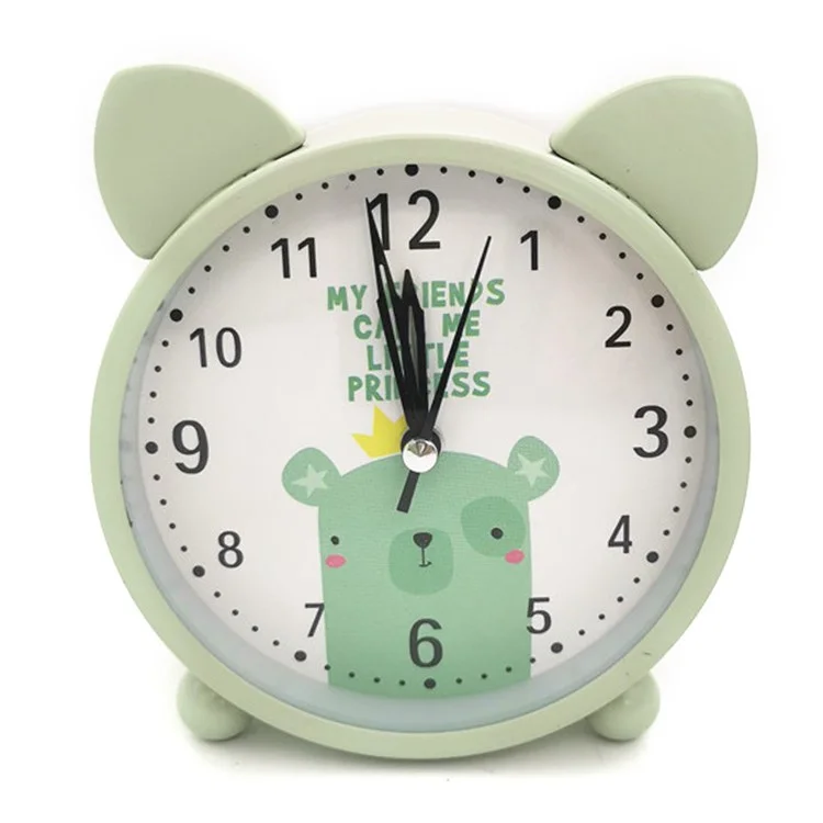 Horloge de bureau pour enfants BY4501 Horloge de table 4,5 po avec animal de dessin animé Silent Bedside Metal Clock avec rétroéclairage - Gris Vert