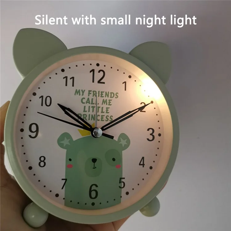 Horloge de bureau pour enfants BY4501 Horloge de table 4,5 po avec animal de dessin animé Silent Bedside Metal Clock avec rétroéclairage - Gris Vert