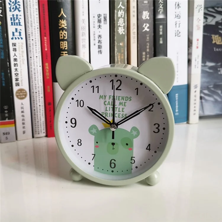 Horloge de bureau pour enfants BY4501 Horloge de table 4,5 po avec animal de dessin animé Silent Bedside Metal Clock avec rétroéclairage - Gris Vert