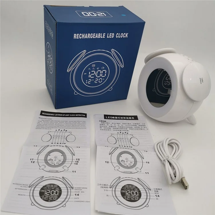 LD908 Rechargeable Alarm Clock Sunset Ambient Lamp LED Wake Up Light Bedside Alarm Clock - White