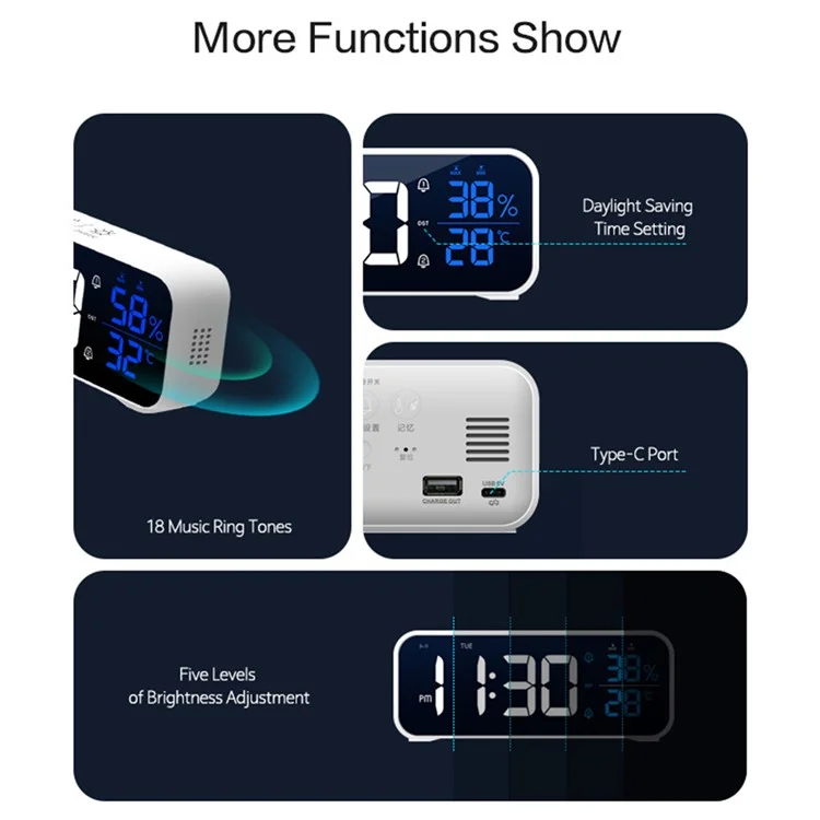 LD8820 Digital Clock Large Display LED Alarm Clock Sound-Activated Clock for Bedroom Kitchen Office - Black