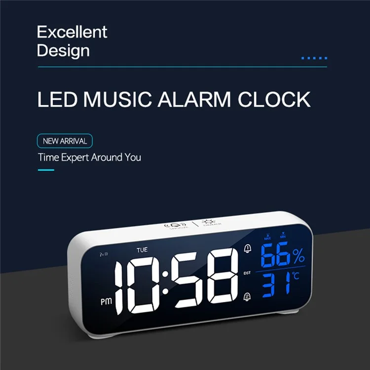 LD8820 Digital Clock Large Display LED Alarm Clock Sound-Activated Clock for Bedroom Kitchen Office - White