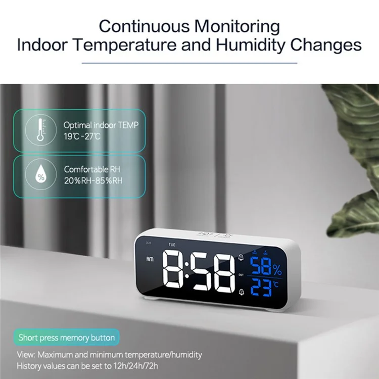 LD8820 Digital Clock Large Display LED Alarm Clock Sound-Activated Clock for Bedroom Kitchen Office - White