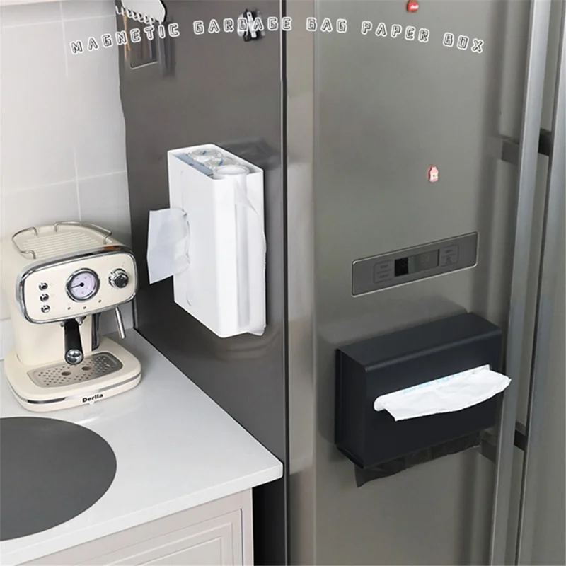 Magnetic Hanging Carbon Steel Tissue Holder Kitchen Tissue Paper Dispenser Trash Bag Storage Box - White