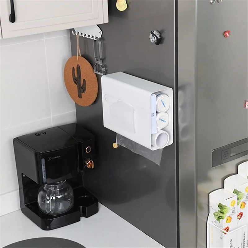 Magnetic Hanging Carbon Steel Tissue Holder Kitchen Tissue Paper Dispenser Trash Bag Storage Box - White