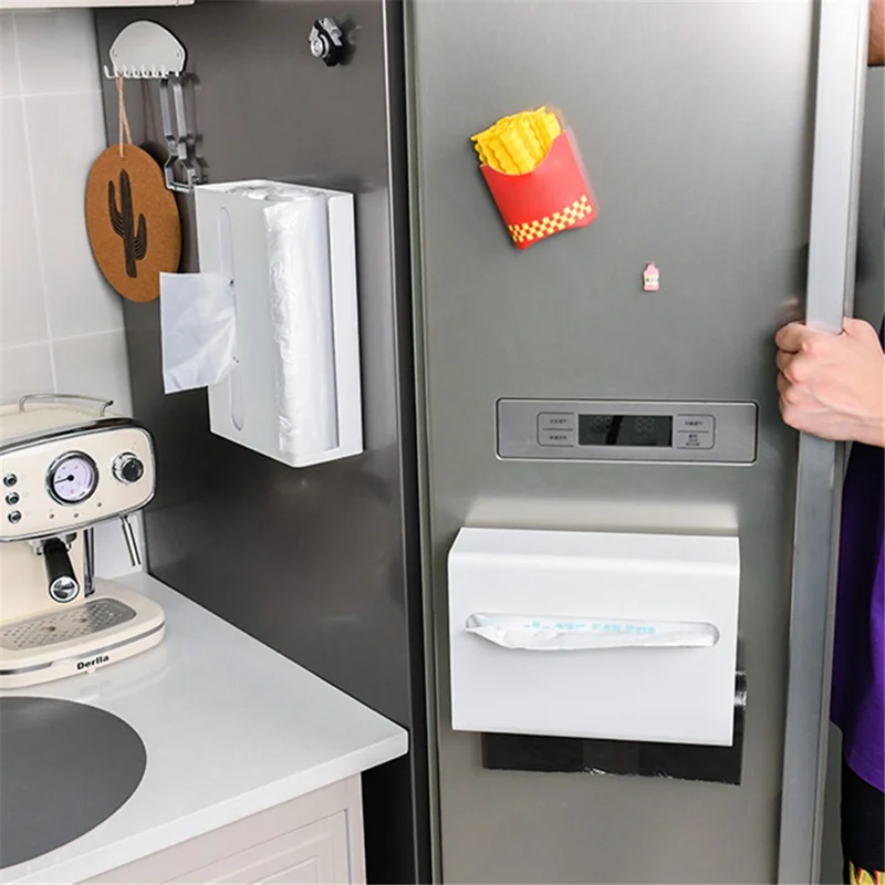 Magnetic Hanging Carbon Steel Tissue Holder Kitchen Tissue Paper Dispenser Trash Bag Storage Box - White