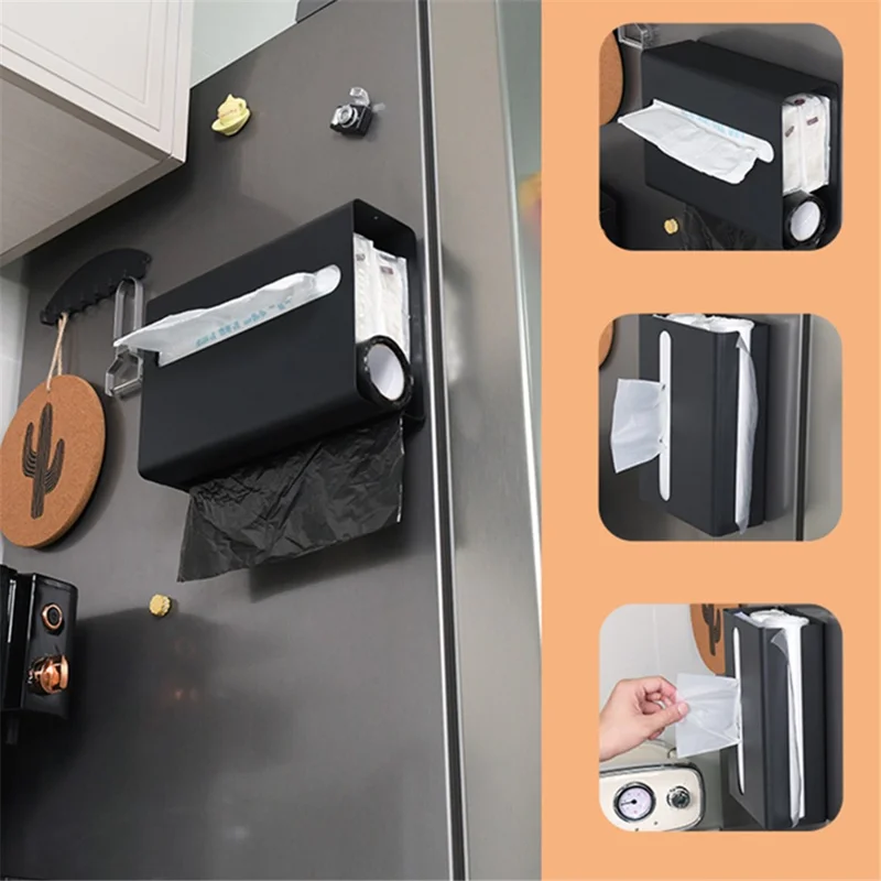 Magnetic Hanging Carbon Steel Tissue Holder Kitchen Tissue Paper Dispenser Trash Bag Storage Box - White