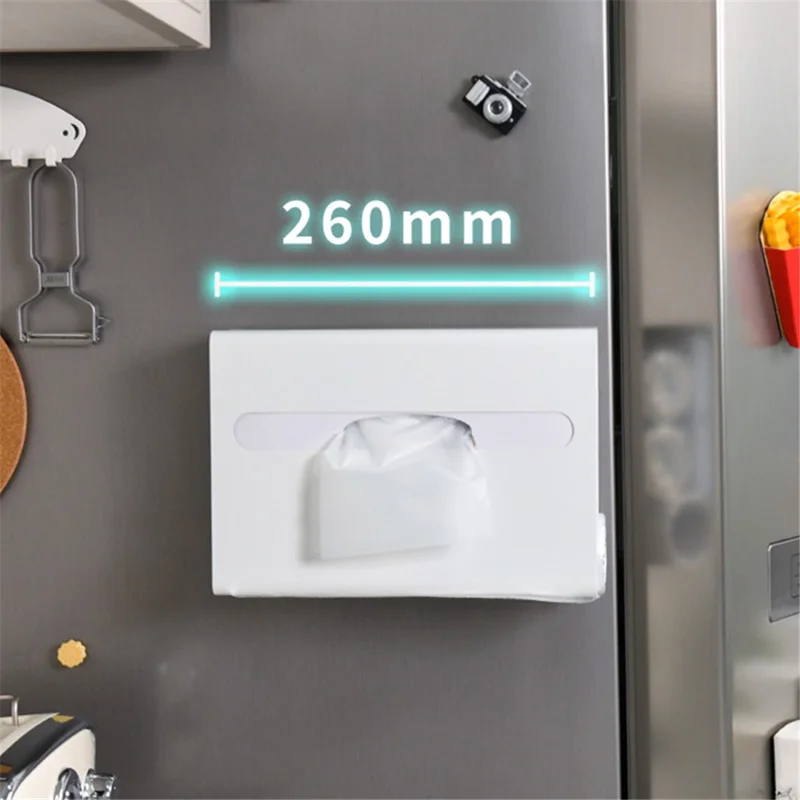 Magnetic Hanging Carbon Steel Tissue Holder Kitchen Tissue Paper Dispenser Trash Bag Storage Box - White