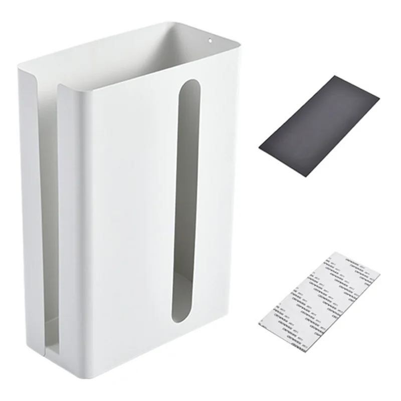Magnetic Punching-Free Kitchen Tissue Paper Dispenser Carbon Steel Trash Bag Holder Storage Box - White