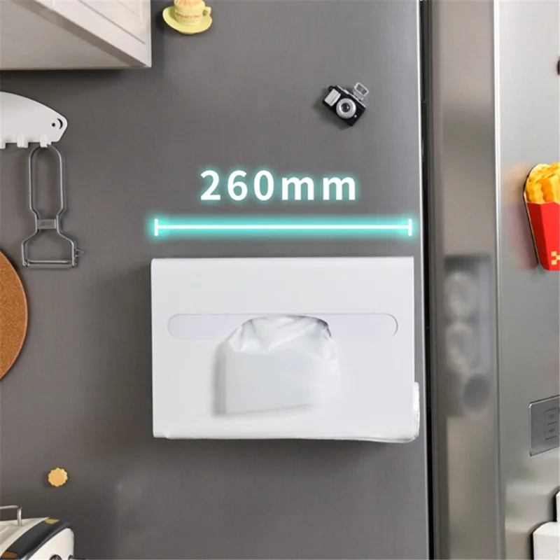 Magnetic Punching-Free Kitchen Tissue Paper Dispenser Carbon Steel Trash Bag Holder Storage Box - White