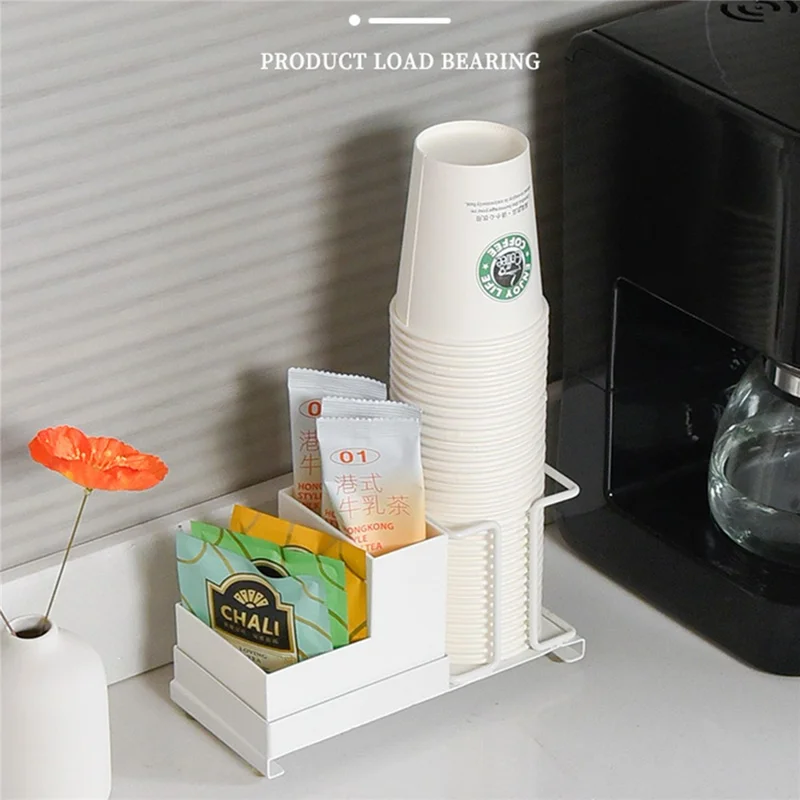 Titanium Steel+PP Desktop Disposable Paper Cup Storage Rack with Coffee Tea Bag Storage Box