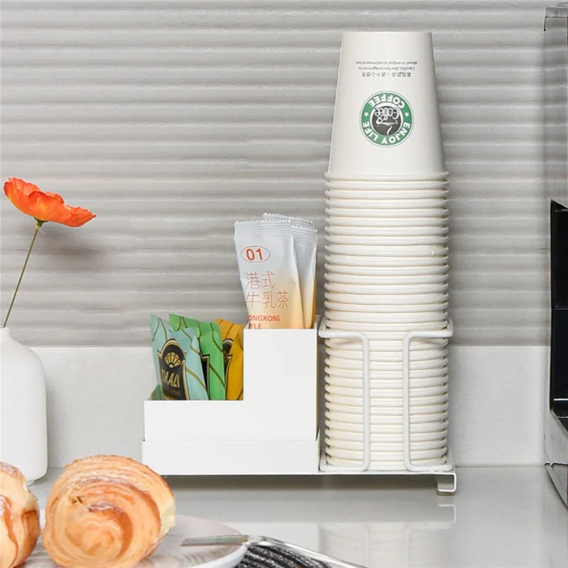 Titanium Steel+PP Desktop Disposable Paper Cup Storage Rack with Coffee Tea Bag Storage Box