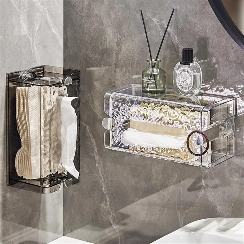 Suction Cup Wall-Mounted Transparent Ripple Texture Bathroom Tissue Box - Transparent