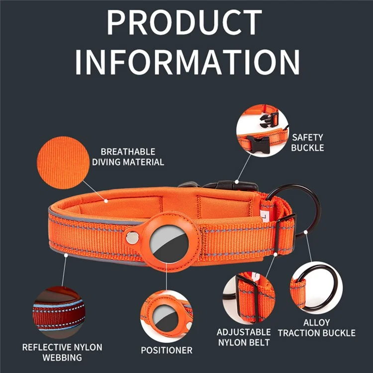 Collar de Piel de Poliuretano Reflectante para Perros, para Soporte de Rastreador Bluetooth AirTag, Talla: L - Naranja