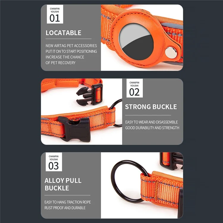 Collar de Piel de Poliuretano Reflectante para Perros, para Soporte de Rastreador Bluetooth AirTag, Talla: L - Naranja