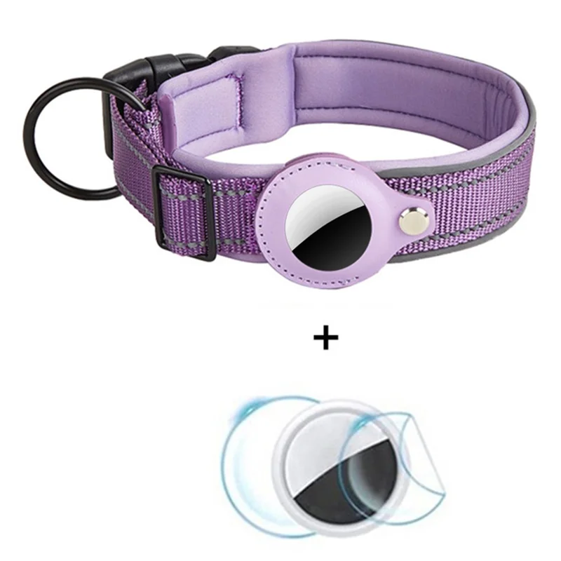 Reflective PU Leather Pet Dog Collar for AirTag Bluetooth-compatible Tracker Holder Case, Size: L - Purple