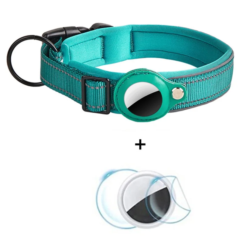Reflective PU Leather Pet Dog Collar for AirTag Bluetooth-compatible Tracker Holder Case, Size: L - Cyan