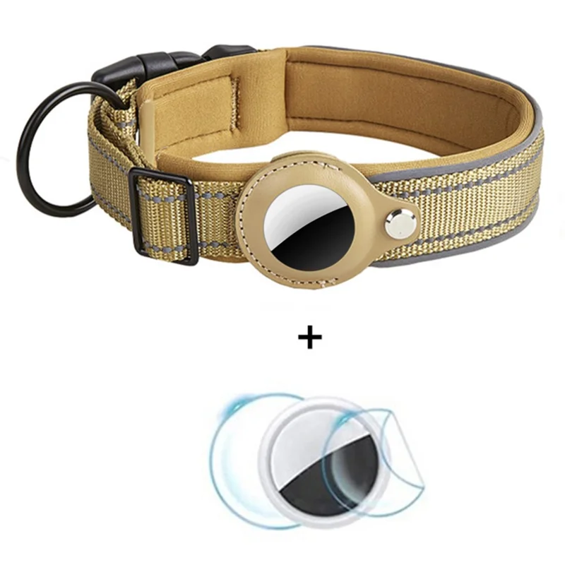 Reflective PU Leather Pet Dog Collar for AirTag Bluetooth-compatible Tracker Holder Case, Size: L - Khaki