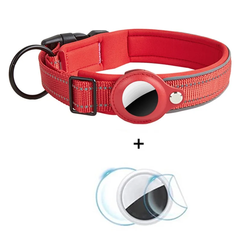 Reflective PU Leather Pet Dog Collar for AirTag Bluetooth-compatible Tracker Holder Case, Size: L - Red