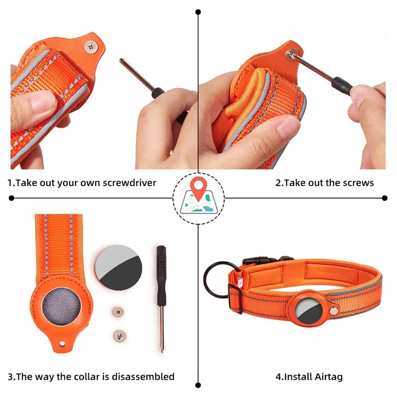 Reflective PU Leather Pet Dog Collar for AirTag Bluetooth-compatible Tracker Holder Case, Size: L - Red