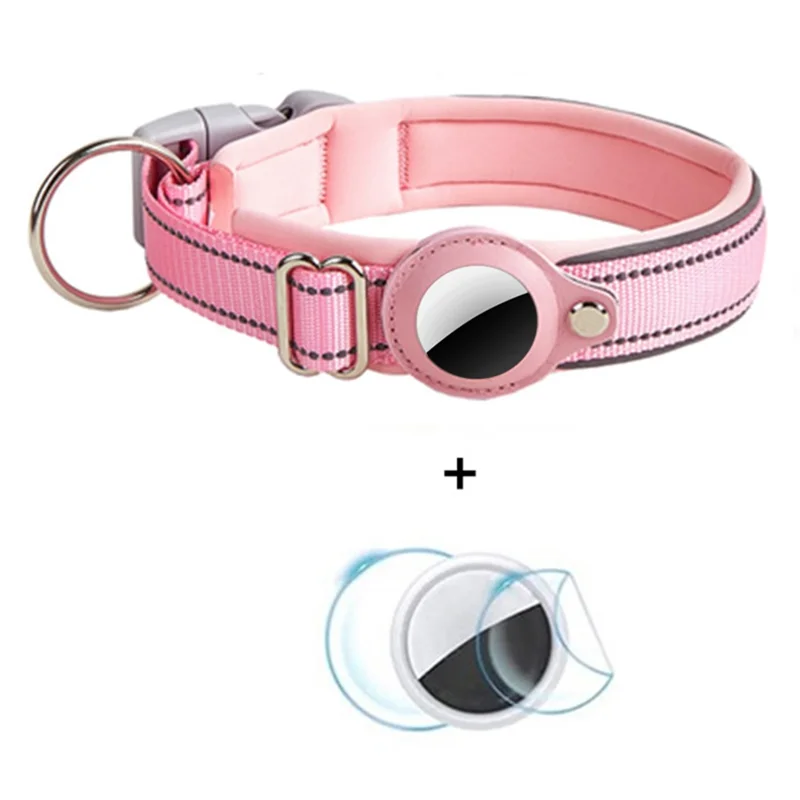 Reflective PU Leather Pet Dog Collar for AirTag Bluetooth-compatible Tracker Holder Case, Size: L - Pink