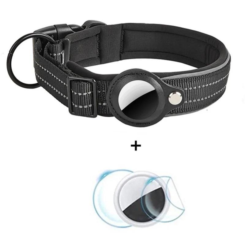 Reflective PU Leather Pet Dog Collar for AirTag Bluetooth-compatible Tracker Holder Case, Size: L - Black