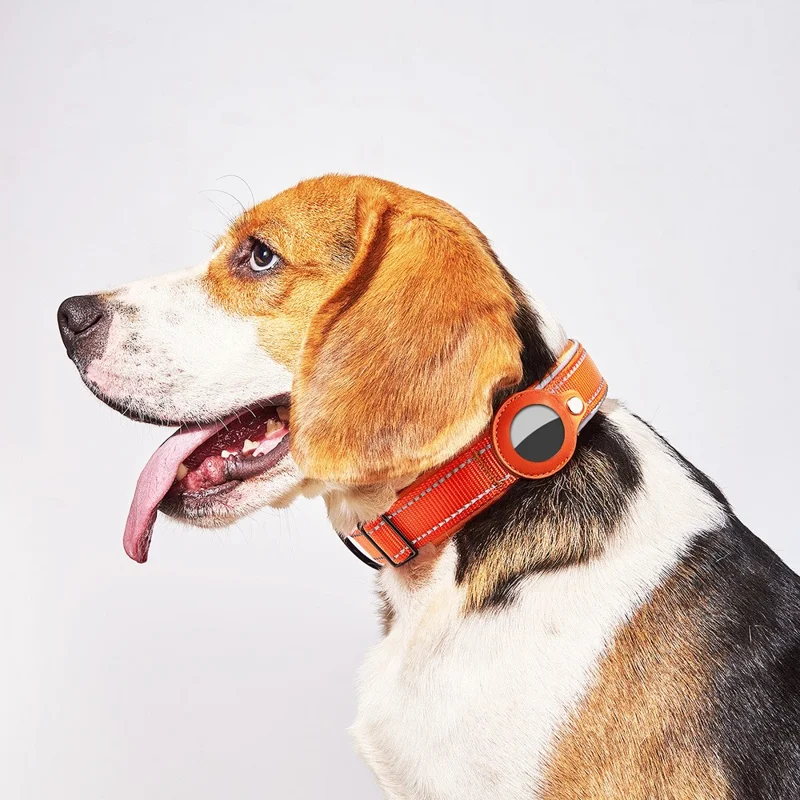 Reflective PU Leather Pet Dog Collar for AirTag Bluetooth-compatible Tracker Holder Case, Size: L - Black