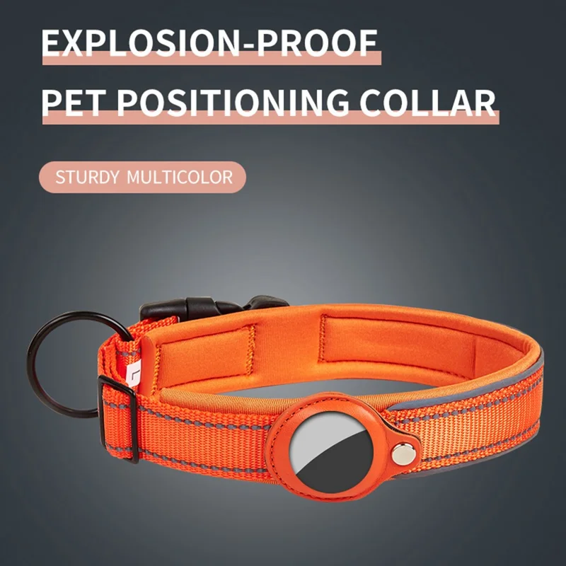 Reflective PU Leather Pet Dog Collar for AirTag Bluetooth-compatible Tracker Holder Case, Size: L - Black