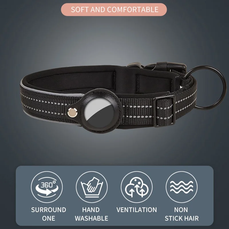 Reflective PU Leather Pet Dog Collar for AirTag Bluetooth-compatible Tracker Holder Case, Size: L - Black