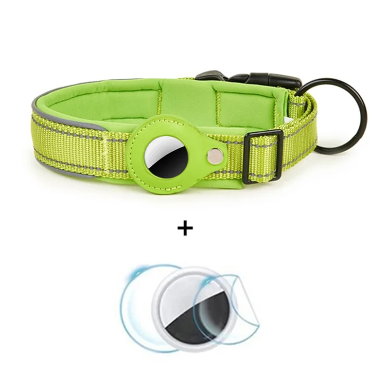 Reflective PU Leather Pet Dog Collar for AirTag Bluetooth-compatible Tracker Holder Case, Size: L - Green