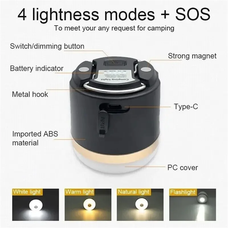 M1 Portable Camping Light Flashlight SOS Power Bank Function Tent Lantern Hanging Lamp - Black