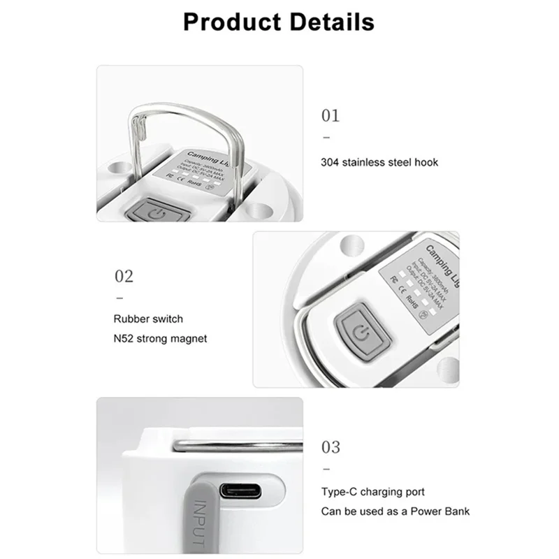 M0 IP65 Waterproof Outdoor Emergency Light Multifunctional Rechargeable Camping Lantern - White